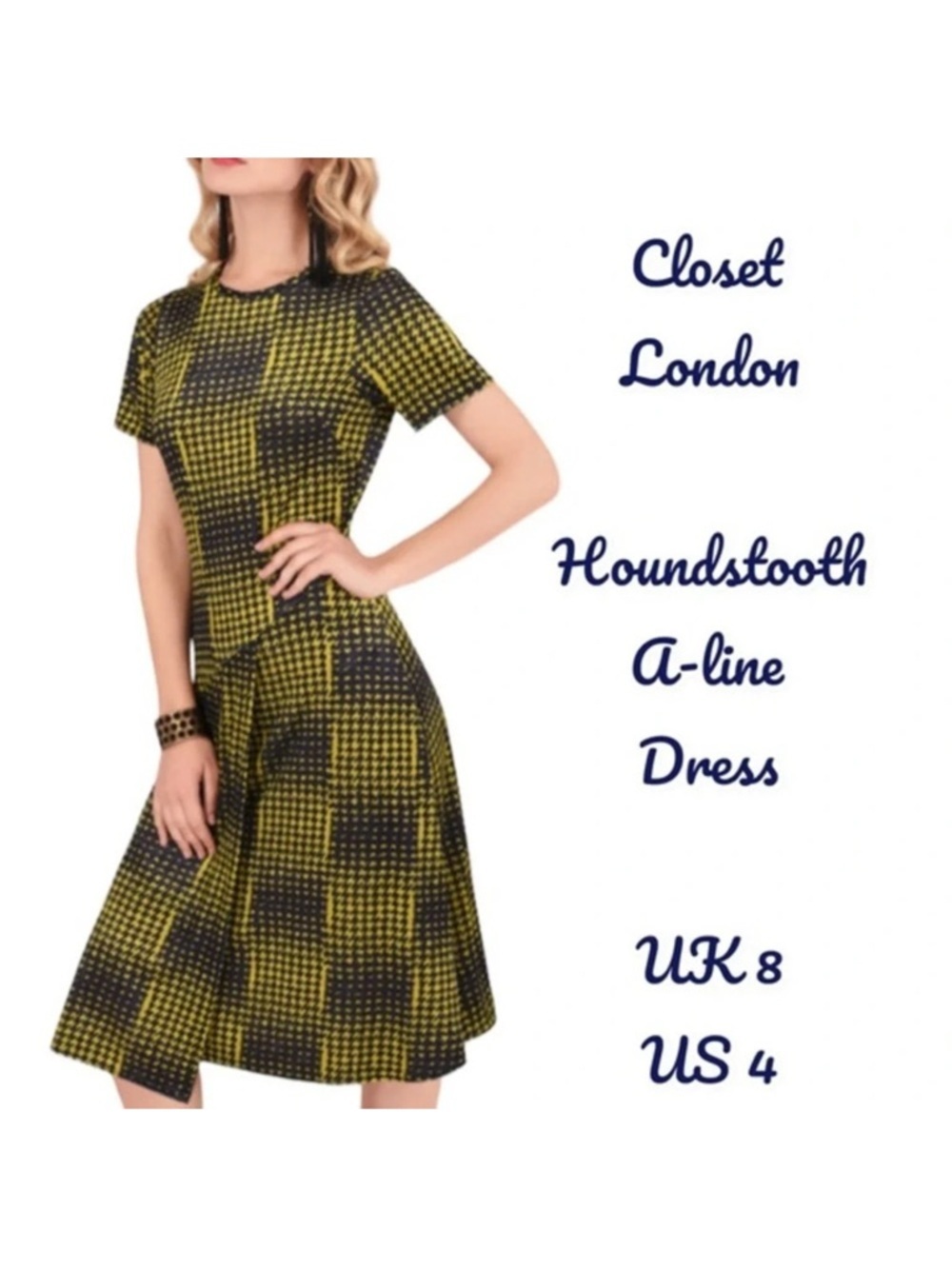 CLOSET LONDON MUSTARD YELLOW and NAVY HOUNDSTOOTH ASYMMETRIC A-LINE DRESS